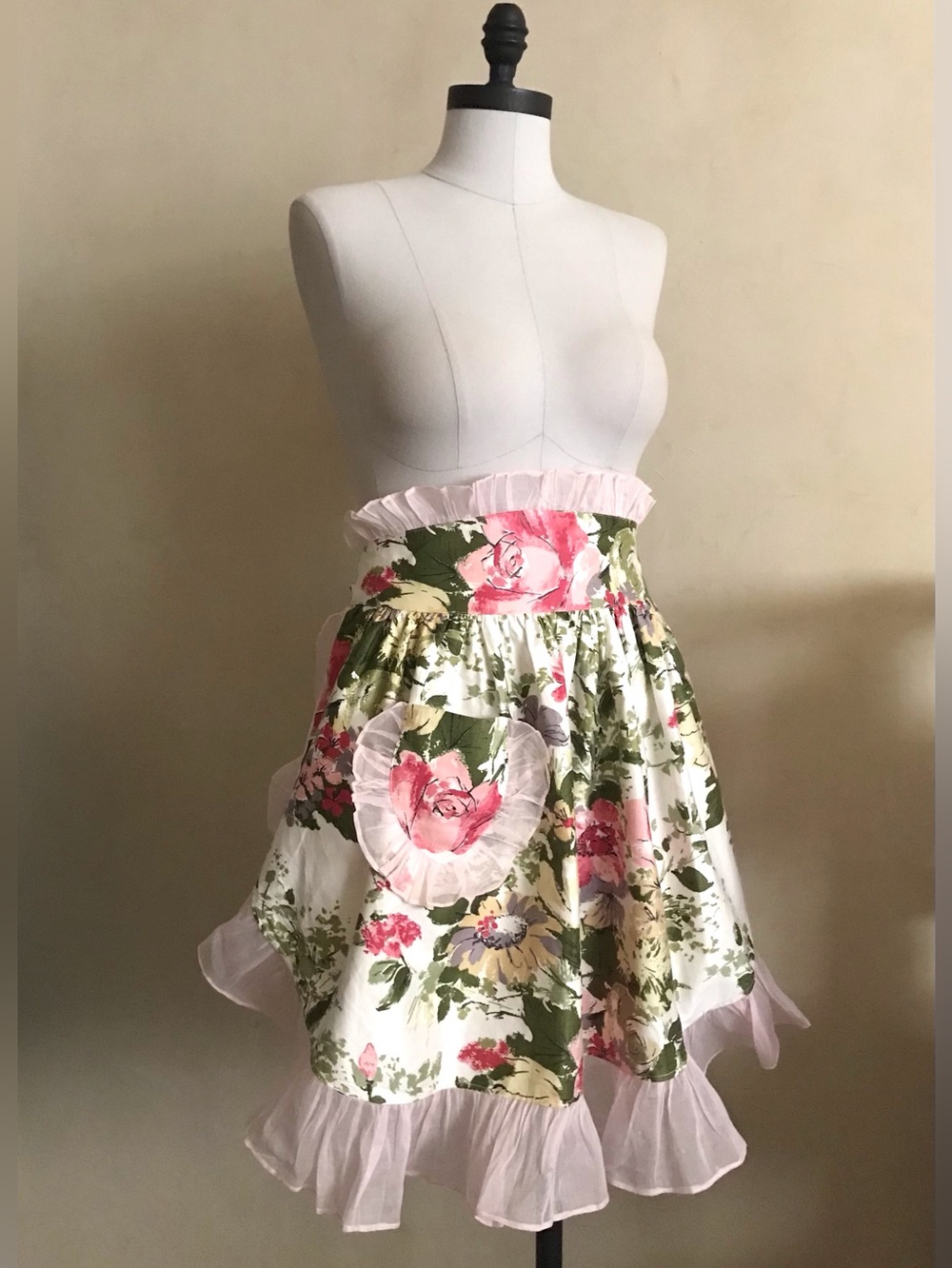 Vintage Floral Pink and Green Cotton Apron